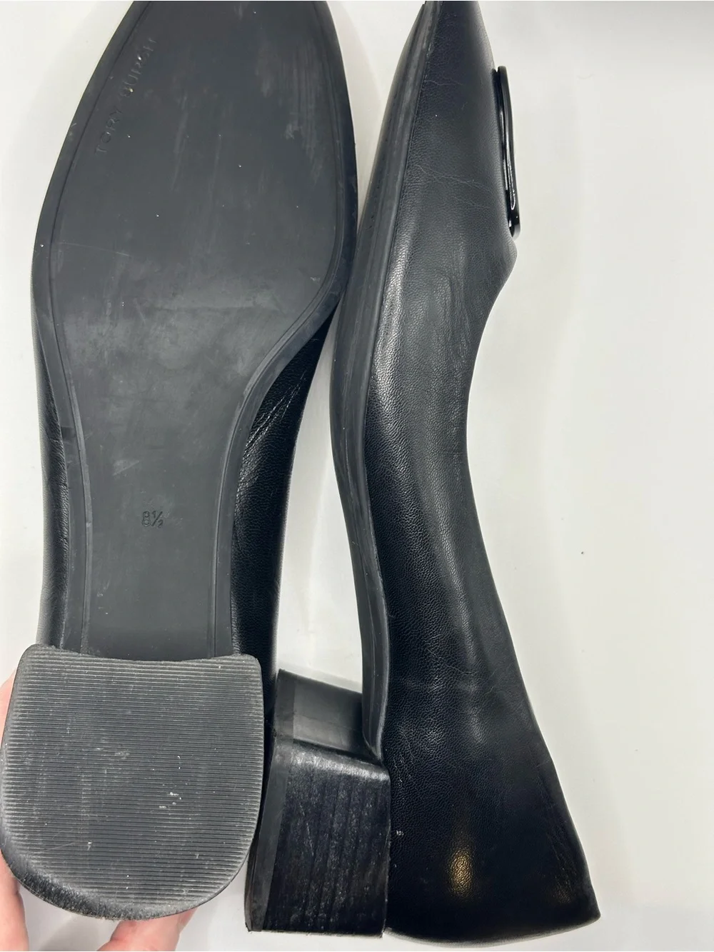 Tory Burch Black Leather Square-Toe Flats with Black Logo Medallion